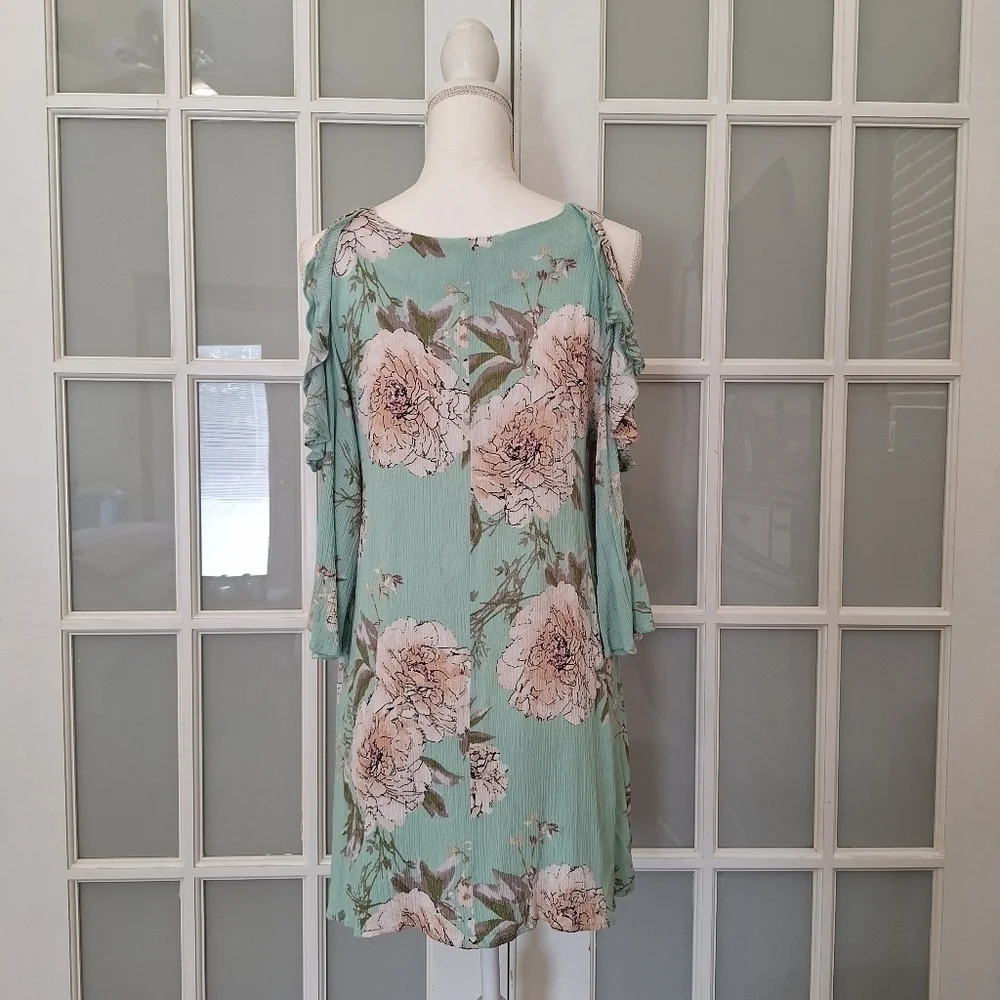 Blu Heaven Mint Green Floral Ruffle Cold-Shoulder Dress - Picture 5 of 14